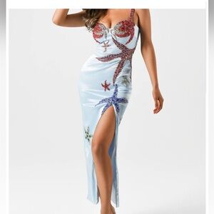 Bella Barnett Gilda Satin Diamonate Slit Maxi Dress size small